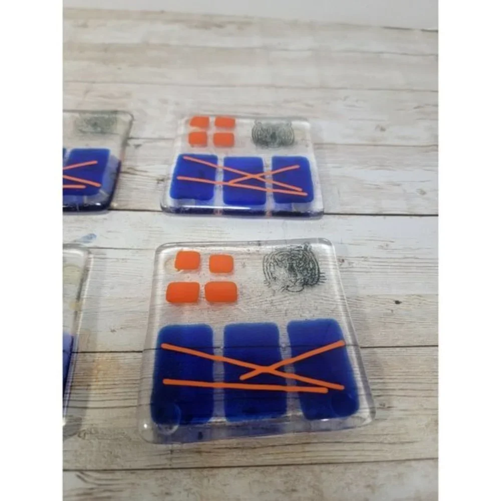 Lot of 7 Art Glass Drink Coasters Orange Blue Geometric‎ Tiger Stamped MCM Pads